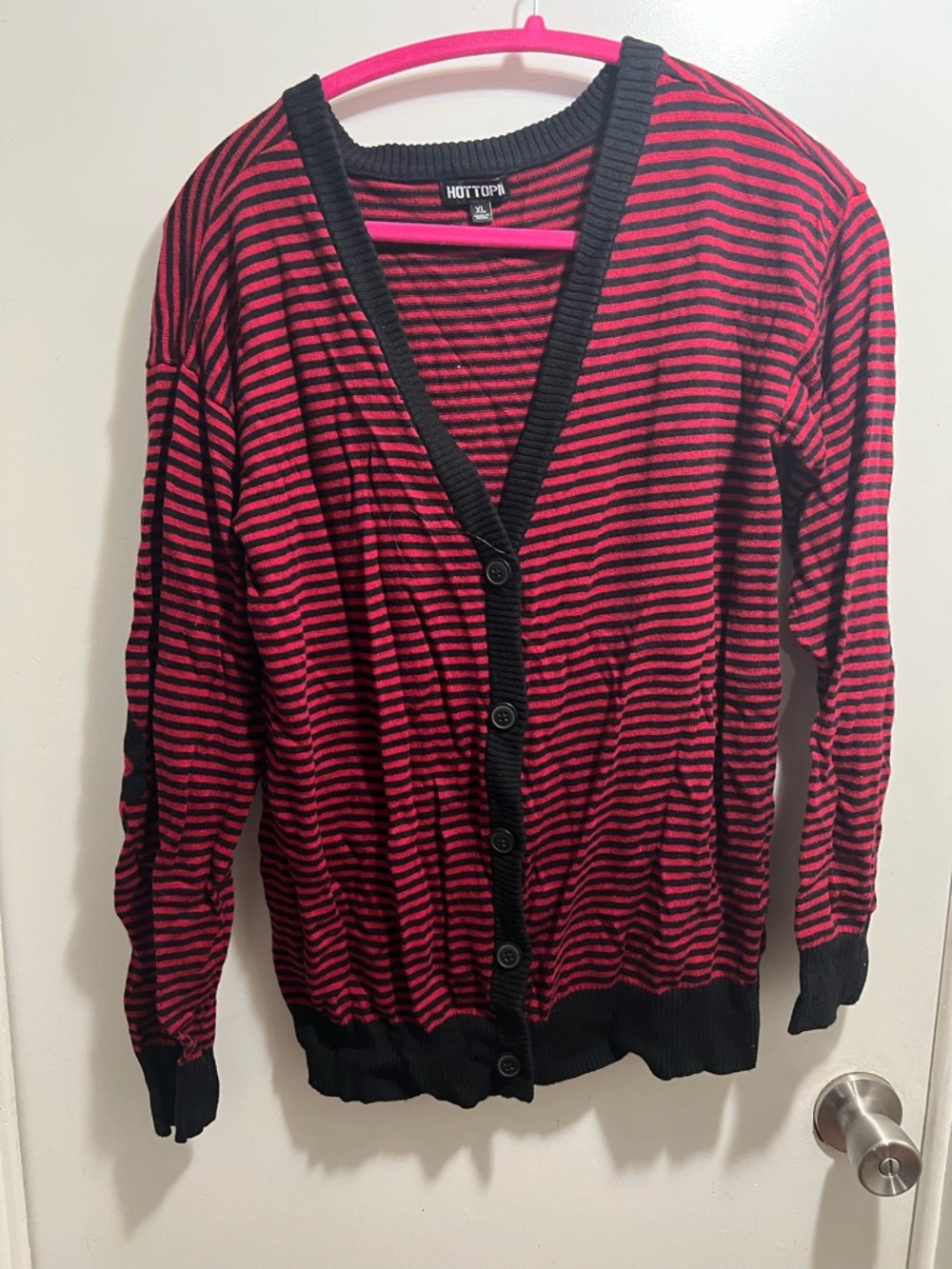 Hot Topic Red and Black Striped V-Neck Button Cardigan